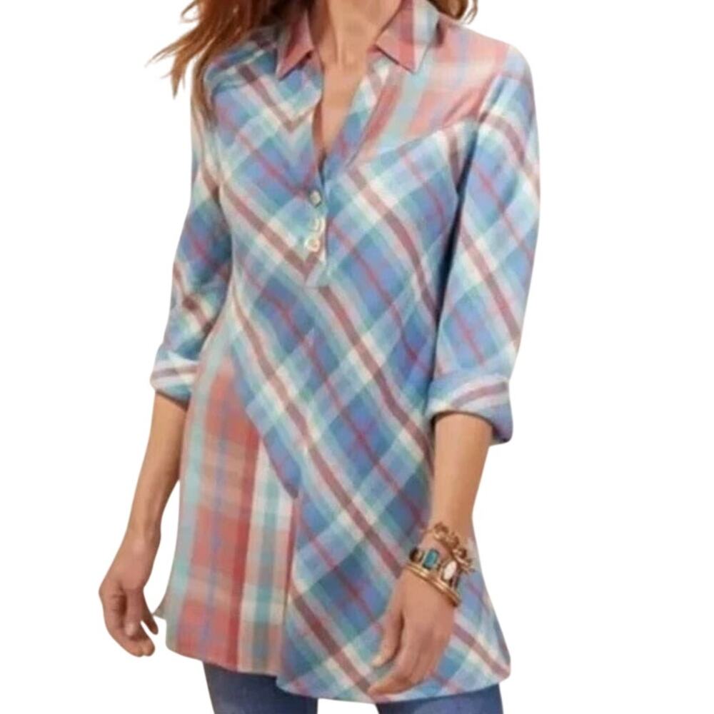 Soft Surroundings Women LA Pass Shirt Ecru Multi Plaid Tunic XL Pastel Pink Blue
